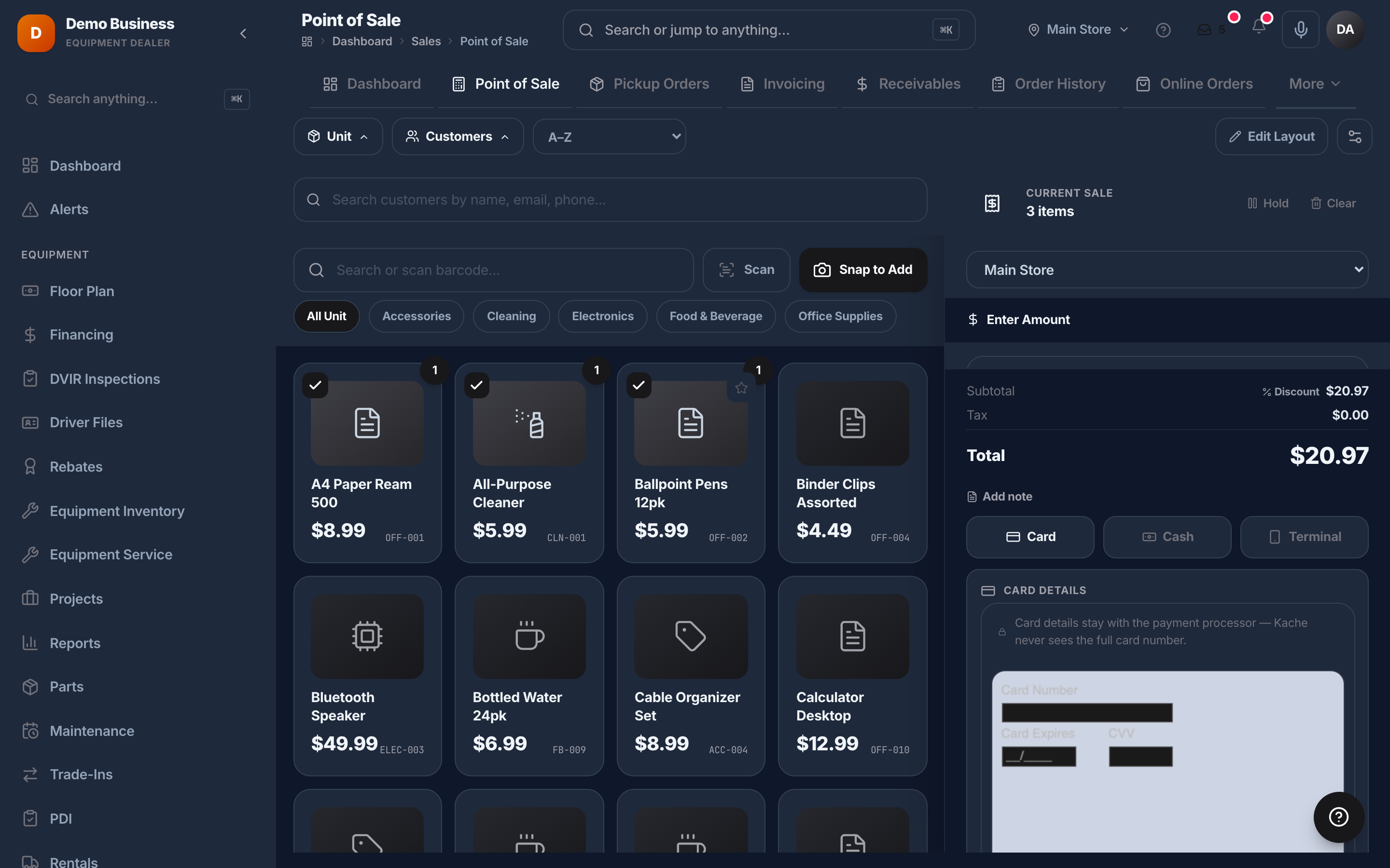 Kache Register point of sale in dark mode